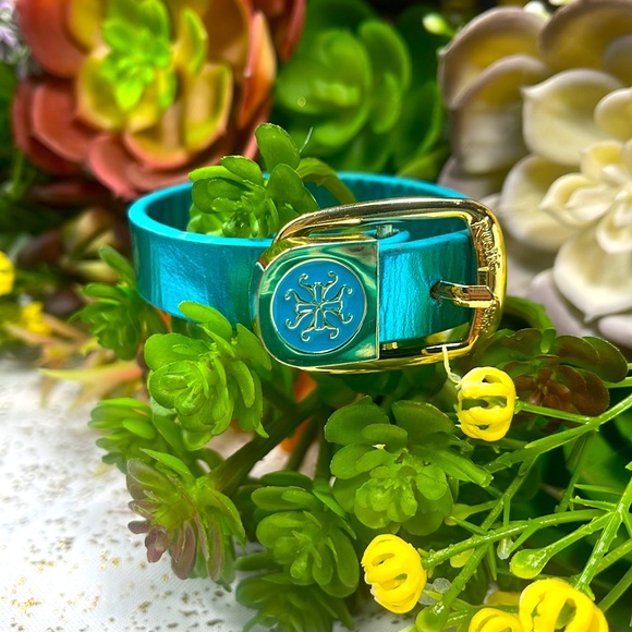 Vintage rare Rustic Cuff bracelet Kacy leather metallic green blue - Picture 2 of 7